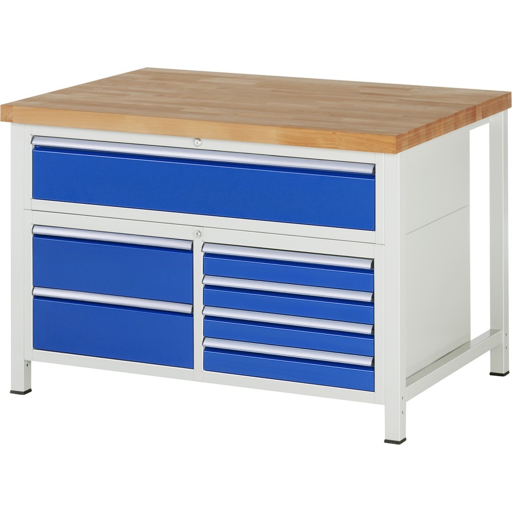 Immagine del prodotto n. 1: Banco da lavoro RAU serie 8000, 1 contenitore triplo, HxLxP 840 x 1.250 x 900 mm, 7 cassetti estraibili al 90% 4 x 90, 3 x 180 mm