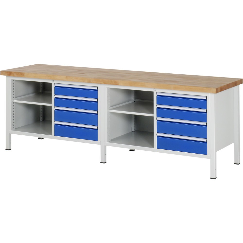 Immagine del prodotto: RAU Banco da lavoro Serie 8000, HxLxP 840-1.040 x 2.500 x 700 mm, 2 contenitori doppi nella base, ciascuno con 4 cassetti